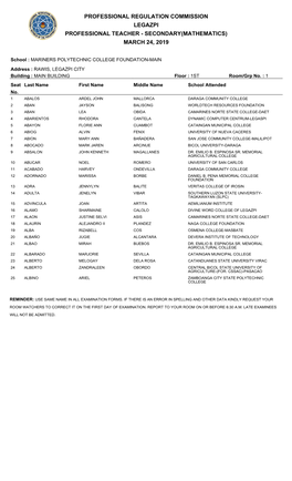 Professional Regulation Commission Legazpi Professional Teacher - Secondary(Mathematics) March 24, 2019
