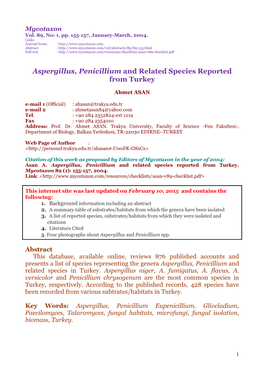 Aspergillus, Penicillium and Related Species Reported from Turkey