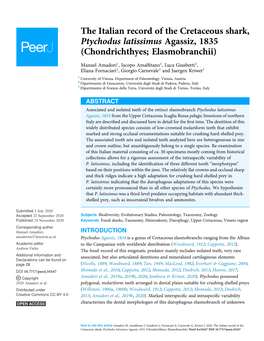 The Italian Record of the Cretaceous Shark, Ptychodus Latissimus Agassiz, 1835 (Chondrichthyes; Elasmobranchii)