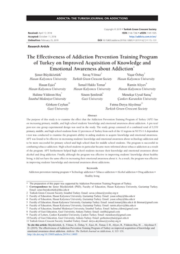 The Effectiveness of Addiction Prevention Training Program of Turkey on Improved Acquisition of Knowledge and Emotional Awarenes
