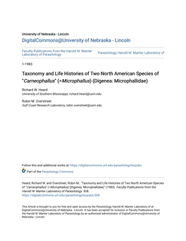 Taxonomy and Life Histories of Two North American Species of 