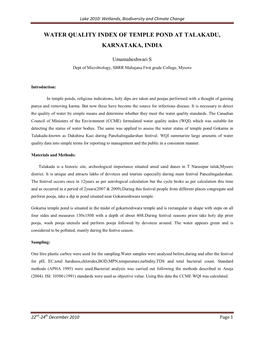 Water Quality Index of Temple Pond at Talakadu, Karnataka, India