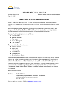 INFORMATION BULLETIN 2012JTI0097-001159 Ministry of Jobs, Tourism and Innovation Aug