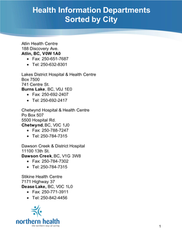 Health Information Departments Sorted by City