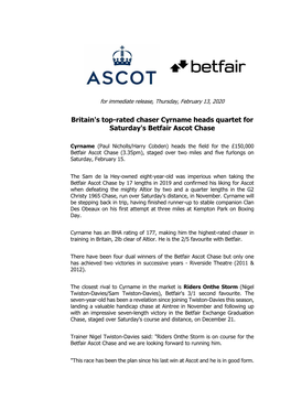 Britain's Top-Rated Chaser Cyrname Heads Quartet for Saturday's Betfair Ascot Chase
