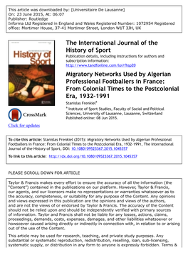The International Journal of the History of Sport Migratory Networks Used by Algerian Professional Footballers in France