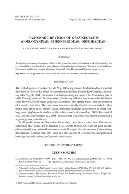 Taxonomic Revision of Geesinkorchis (Coelogyninae; Epidendroideae; Orchidaceae)