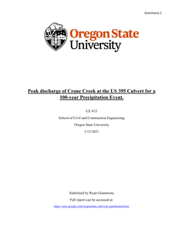 Peak Discharge of Crane Creek at the US 395 Culvert for a 100-Year Precipitation Event