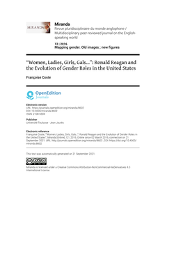 Women, Ladies, Girls, Gals…”: Ronald Reagan and the Evolution of Gender Roles in the United States