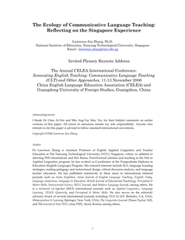 The Ecology of Communicative Language Teaching: Reflecting on the Singapore Experience