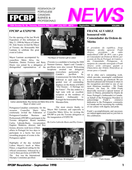 September 1998 1 FPCBP at EXPO'98 FRANK ALVAREZ Honoured with Comendador Da Ordem De Mérito