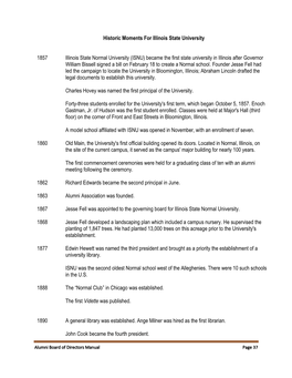 Historic Moments for Illinois State University 1857 Illinois State Normal University (ISNU) Became the First State University In