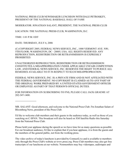 National Press Club Newsmaker Luncheon with Dale Petroskey, President of the National Baseball Hall of Fame