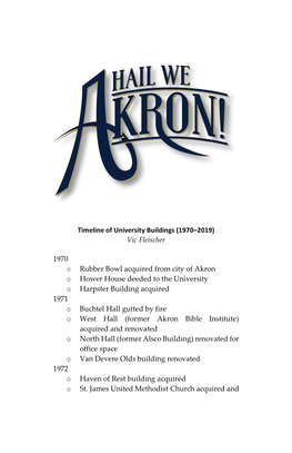Timeline of University Buildings (1970–2019) Vic Fleischer 1970 O Rubber Bowl Acquired from City of Akron O Hower House Deeded