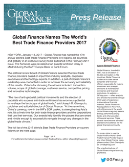 Global Finance Names the World's Best Trade Finance Providers 2017