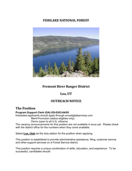 FISHLAKE NATIONAL FOREST Fremont River Ranger District Loa