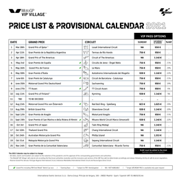 Price List & Provisional Calendar