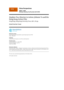 China Perspectives, 2009/1 | 2009 Stephen Teo, Director in Action: Johnnie to and the Hong Kong Action Film 2