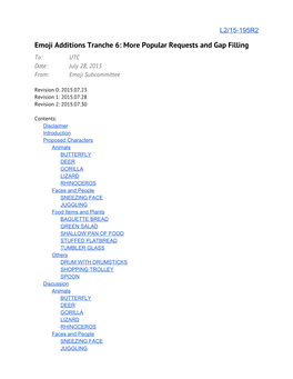 Emoji Additions Tranche 6: More Popular Requests and Gap Filling To: UTC Date: July 28, 2015 From: Emoji Subcommittee