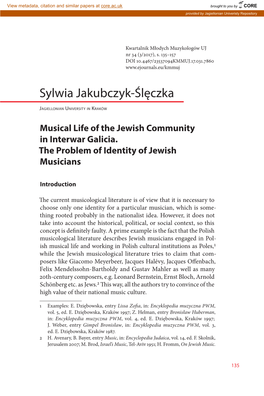 Musical Life of the Jewish Community in Interwar Galicia. the Problem of Identity of Jewish Musicians