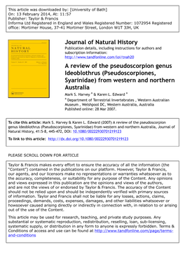 Journal of Natural History a Review of the Pseudoscorpion Genus