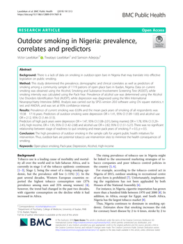 Outdoor Smoking in Nigeria: Prevalence, Correlates and Predictors Victor Lasebikan1* , Tiwatayo Lasebikan2 and Samson Adepoju3