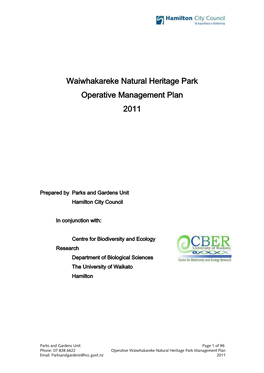 Waiwhakareke Natural Heritage Park Management Plan 2011