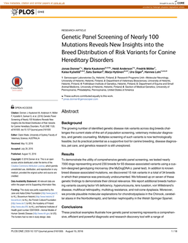 Genetic Panel Screening of Nearly 100 Mutations Reveals New Insights Into the Breed Distribution of Risk Variants for Canine Hereditary Disorders