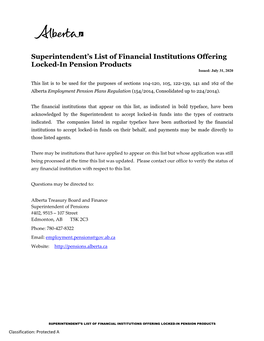 Superintendent's List of Financial Institutions Offering Locked-In