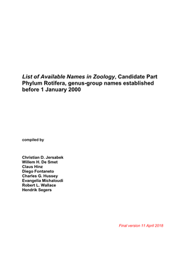 List of Available Names in Zoology, Candidate Part Phylum Rotifera, Genus-Group Names Established Before 1 January 2000