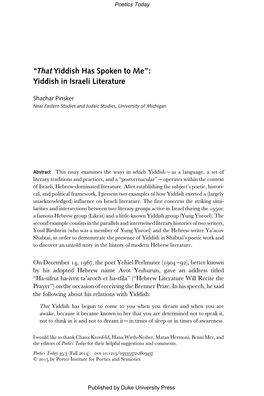 “That Yiddish Has Spoken to Me”: Yiddish in Israeli Literature