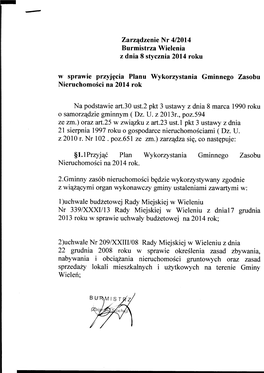 Zarzqdzenie Nr 4/2014 Burmistrza Wielenia Z Dnia 8 Stycznia 2014 Roku W Sprawie Przyj^Cia Planu Wykorzystania Gminnego Zasobu Nieruchomosci Na 2014 Rok