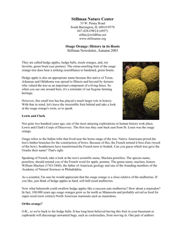 Osage Orange: History in Its Roots Stillman Newsletter, Autumn 2003