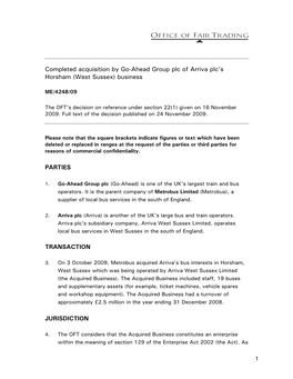 Completed Acquisition by Go-Ahead Group Plc of Arriva Plc's Horsham (West Sussex) Business