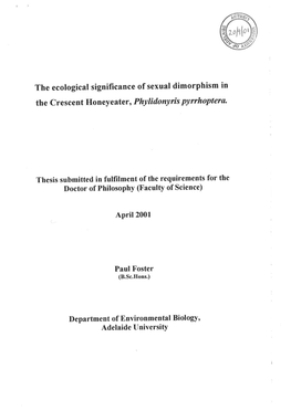 The Ecological Significance of Sexual Dimorphism in the Crescent Honeye Ater, Phylídonyris Pyrrhoptena