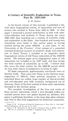 A Century of Scientific Exploration in Texas, Part Ib: 1820-1880 S