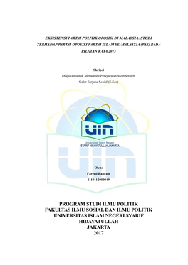 Program Studi Ilmu Politik Fakultas Ilmu Sosial Dan Ilmu Politik Universitas Islam Negeri Syarif Hidayatullah Jakarta 2017