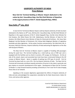 6AIRPORTS AUTHORITY of INDIA Press Release New Delhi, 3Th July