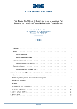Real Decreto 384/2002, De 26 De Abril, Por El Que Se Aprueba El Plan Rector De Uso Y Gestión Del Parque Nacional De Los Picos De Europa