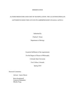 Dissertation Altered Behavior and Cost of Manipulation: the Acanthocephalan Leptorhyncoides Thecatus in Its Amphipod Host Hyale