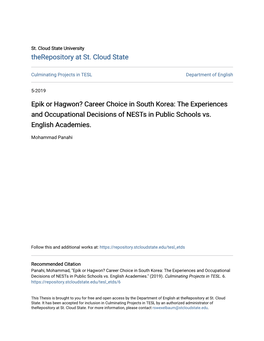 Epik Or Hagwon? Career Choice in South Korea: the Experiences and Occupational Decisions of Nests in Public Schools Vs. English Academies