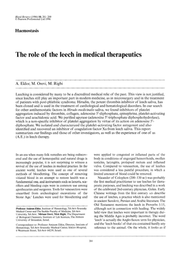 The Role of the Leech in Medical Therapeutics