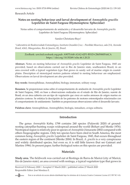 Notes on Nesting Behaviour and Larval Development of Ammophila Gracilis Lepeletier De Saint Fargeau (Hymenoptera: Sphecidae)