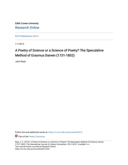 A Poetry of Science Or a Science of Poetry? the Speculative Method of Erasmus Darwin (1731-1802)