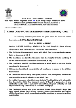 ADMIT CARD of JUNIOR RESIDENT (Non-Academic) - 2021