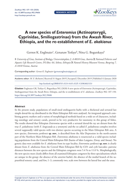 A New Species of Enteromius (Actinopterygii, Cyprinidae, Smiliogastrinae) from the Awash River, Ethiopia, and the Re-Establishment of E
