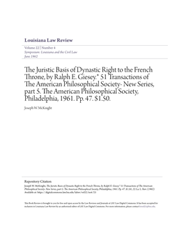 The Juristic Basis of Dynastic Right to the French Throne, by Ralph E