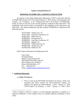 1 Equity Communications LP RESPONSE to FEBRUARY 6, 2020 EEO AUDIT LETTER in Response to the Equal Employment Opportunity (“EEO