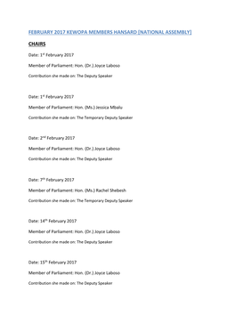 February 2017 Kewopa Members Hansard [National Assembly]