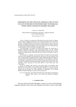 Assessing of the Crustal Models and Active Faults Systems in Western Part of Romania with Applications in Seismic Hazard